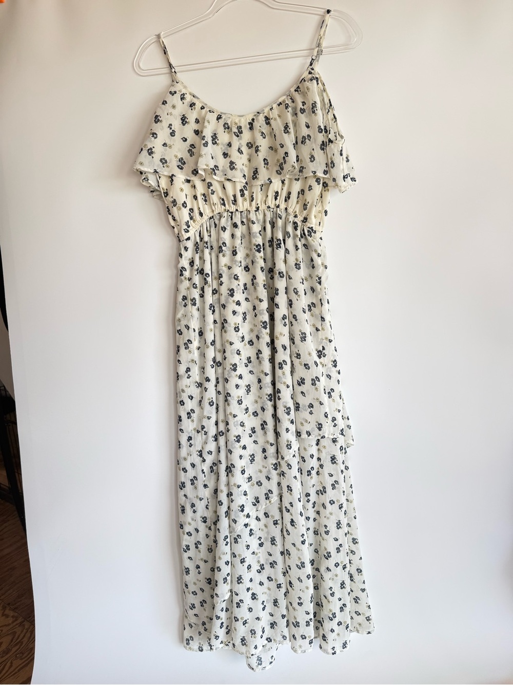 Abercrombie Floral Chiffon Maxi Dress Ruffle Cottagecore Coquette Cream Navy L - Picture 13 of 13